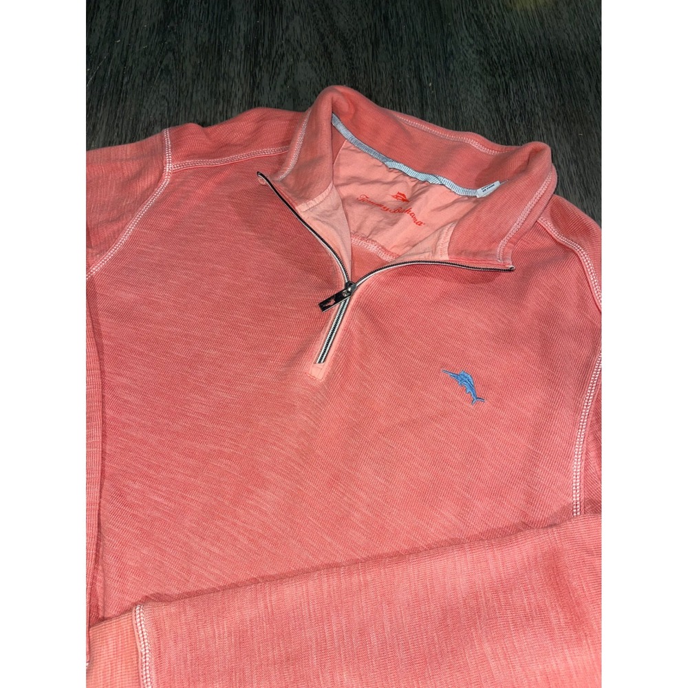 Tommy Bahama Mens XXL Coral Orange Quarter Zip Pullover Slub Knit Marlin Logo